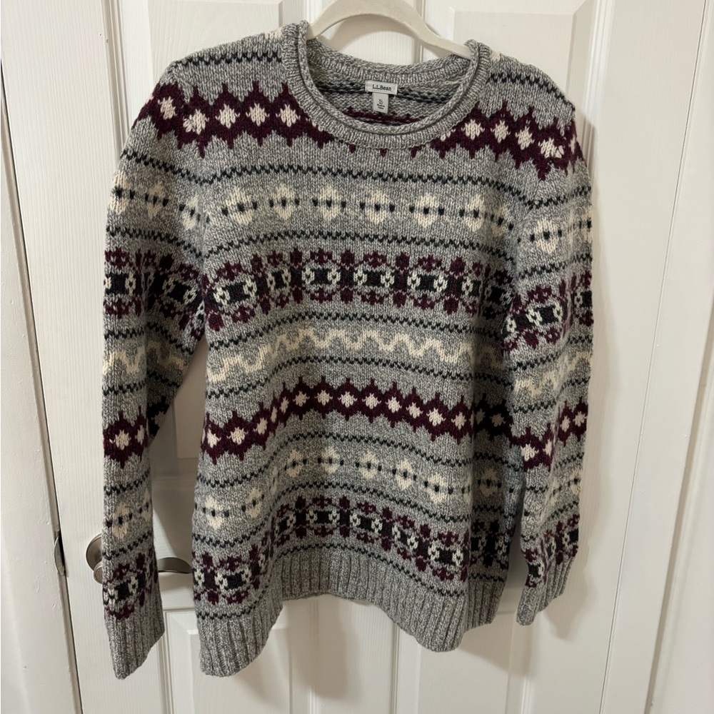 LL Bean NWT Classic Fair Isle Lamb's Wool Sweater Women Size XL Gray Cream